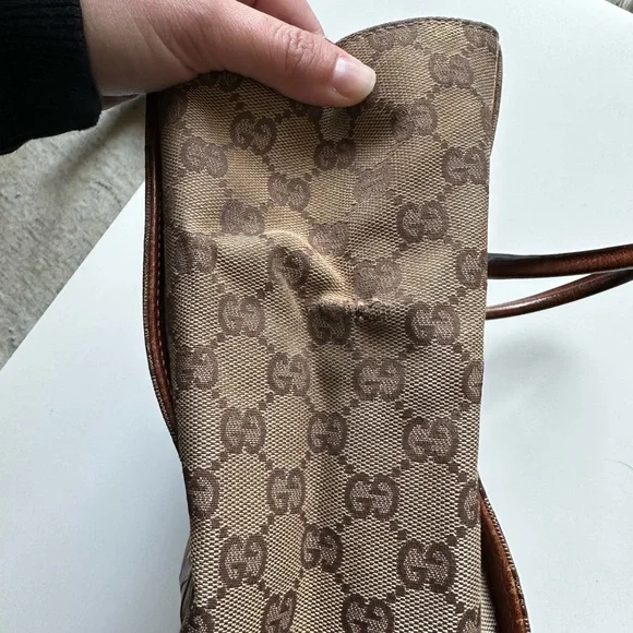 Vintage Gucci GG Logo Nailhead Tote Canvas Leather Tan Brown